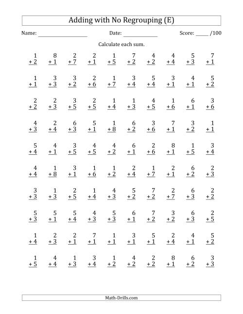 The 100 Single-Digit Addition Questions with No Regrouping (E) Math Worksheet