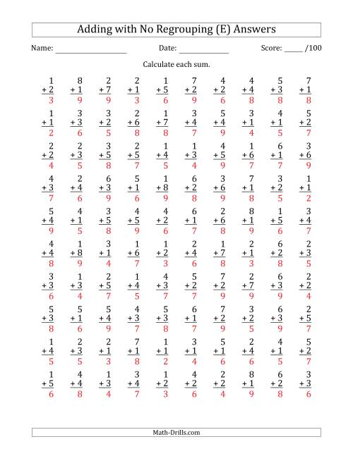 The 100 Single-Digit Addition Questions with No Regrouping (E) Math Worksheet Page 2