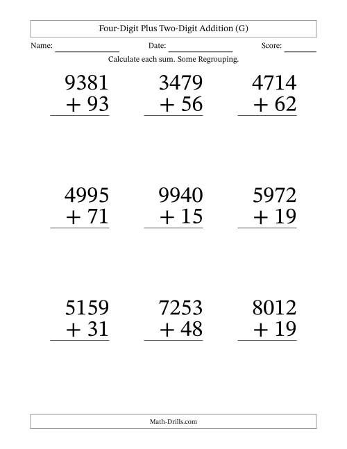 The Four-Digit Plus Two-Digit Addition With Some Regrouping – 9 Questions – Large Print (G) Math Worksheet