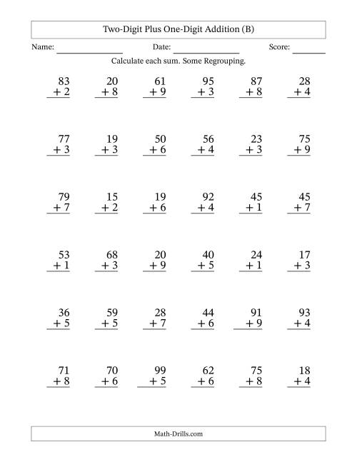 The Two-Digit Plus One-Digit Addition With Some Regrouping – 36 Questions (B) Math Worksheet