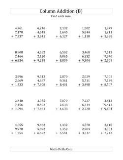 Adding Three Four-Digit Numbers (B) Addition Worksheet