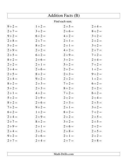 Single Digit Addition -- 100 Horizontal Questions -- Adding Twos (B)