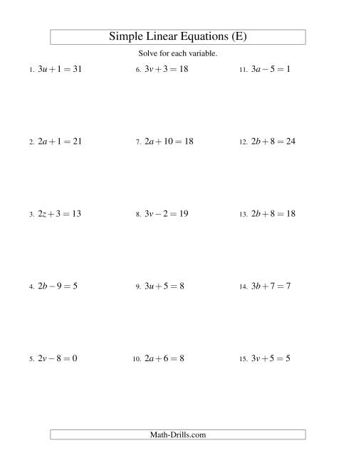 The Solving Linear Equations -- Form ax ± b = c (E) Math Worksheet