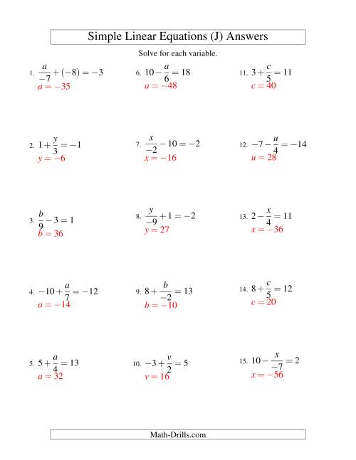 The Solving Linear Equations (Including Negative Values) -- Form x/a ± b = c (J) Math Worksheet Page 2