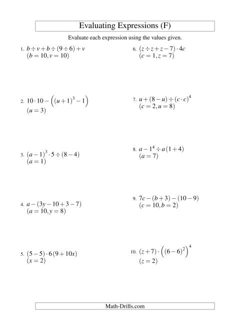 The Evaluating Five-Step Algebraic Expressions with Three Variables (F) Math Worksheet