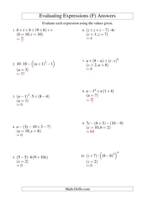 The Evaluating Five-Step Algebraic Expressions with Three Variables (F) Math Worksheet Page 2
