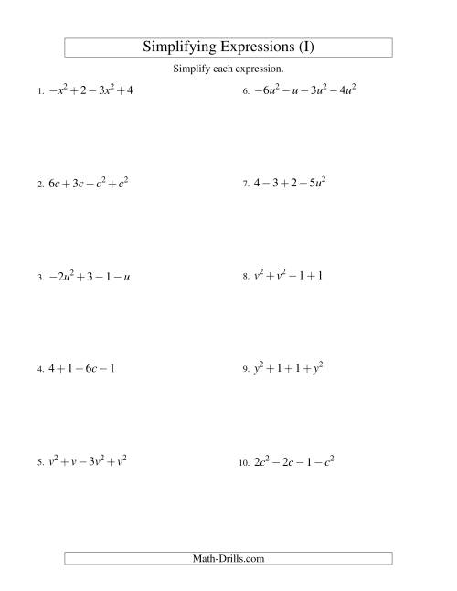 The Simplifying Algebraic Expressions with One Variable and Four Terms (Addition and Subtraction) (I) Math Worksheet