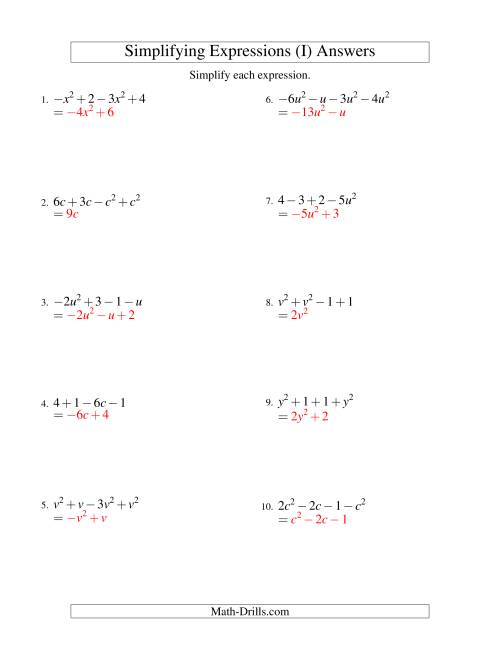 The Simplifying Algebraic Expressions with One Variable and Four Terms (Addition and Subtraction) (I) Math Worksheet Page 2