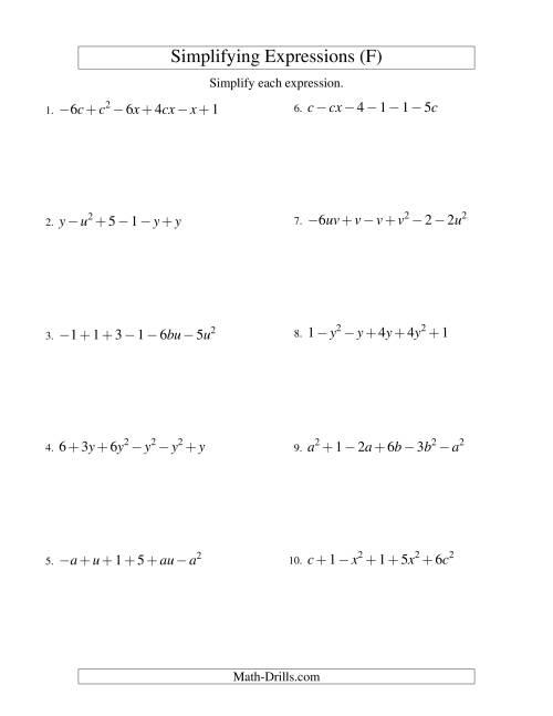 The Simplifying Algebraic Expressions with Two Variables and Six Terms (Addition and Subtraction) (F) Math Worksheet