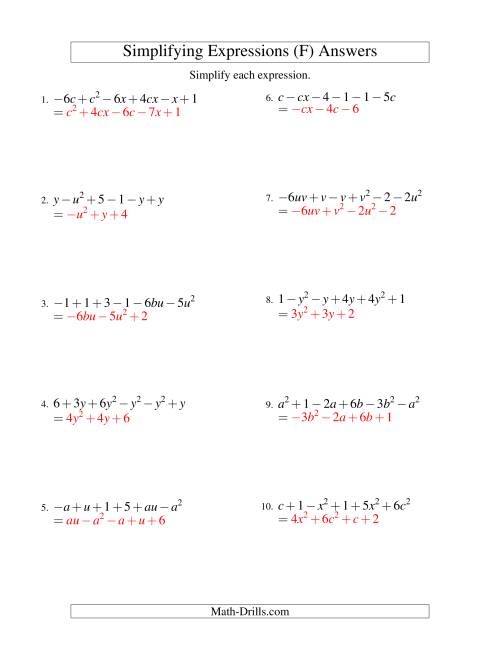 The Simplifying Algebraic Expressions with Two Variables and Six Terms (Addition and Subtraction) (F) Math Worksheet Page 2