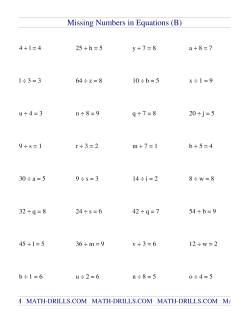 Equations  in Division (B) Numbers worksheet (variables)  division Worksheet Algebra algebra