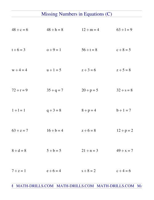 equations Algebra (C) (variables)  number  Division missing Numbers math  Equations The  Missing in worksheets