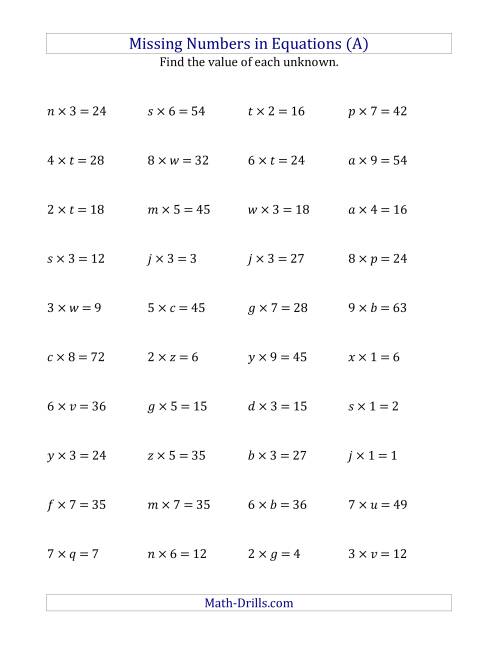  Missing Numbers In Equations Variables Multiplication Range 1 To 9 All 