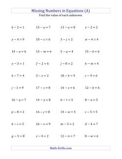 Missing Numbers in Equations (Variables) -- Subtraction (Range 1 to 9)