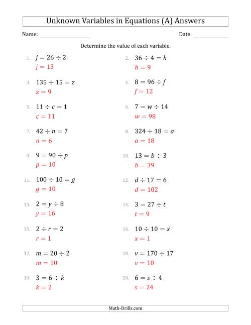 The Unknown Variables in Equations - Division - Range 1 to 20 - Any Position (A) Math Worksheet Page 2