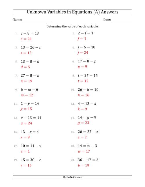 The Unknown Variables in Equations - Subtraction - Range 1 to 20 - Any Position (A) Math Worksheet Page 2