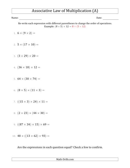 The Associative Law of Multiplication (Whole Numbers Only) (A) Math Worksheet