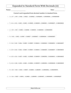 Converting Expanded Form Decimals Using Decimals to Standard Form (1-Digit Before the Decimal; 9-Digits After the Decimal)