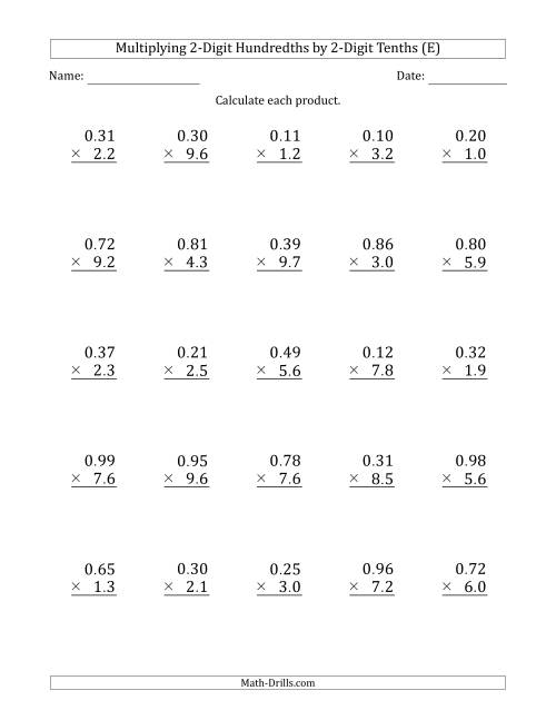 The Multiplying 2-Digit Hundredths by 2-Digit Tenths (E) Math Worksheet