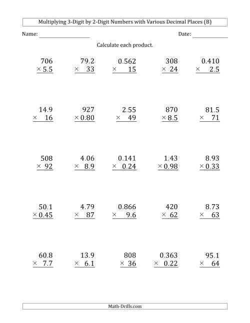 The Multiplying 3-Digit by 2-Digit Numbers with Various Decimal Places (B) Math Worksheet