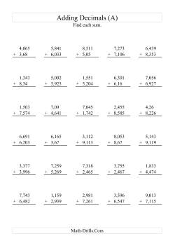 Adding Decimals (Range 1,001 to 9,999)