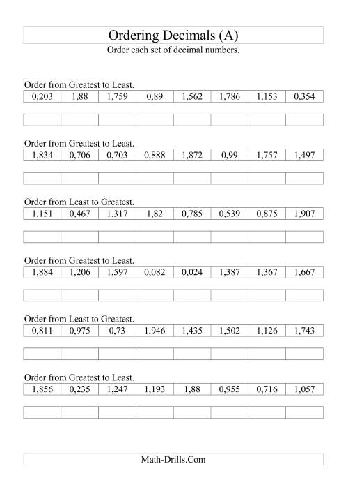 The Sorting/Ordering Decimals to Thousandths (All) Math Worksheet
