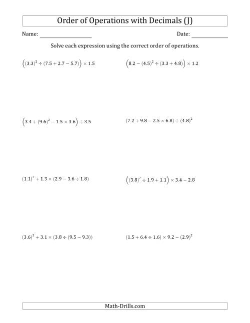 The Order of Operations with Positive Decimals (Five Steps) (J) Math Worksheet