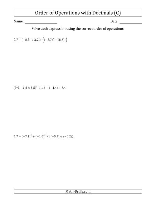 The Order of Operations with Negative and Positive Decimals (Six Steps) (C) Math Worksheet