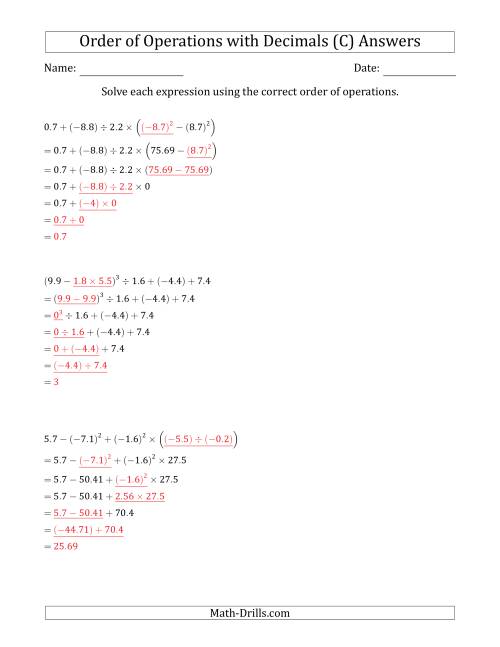 The Order of Operations with Negative and Positive Decimals (Six Steps) (C) Math Worksheet Page 2