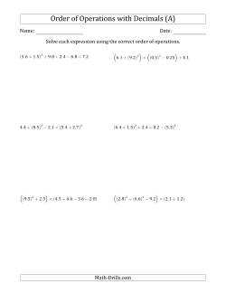 Order of Operations with Positive Decimals (Six Steps)