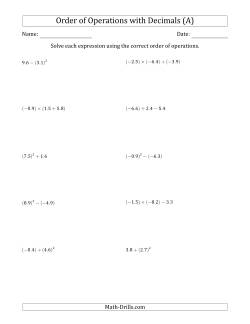 Order of Operations with Negative and Positive Decimals (Two Steps)