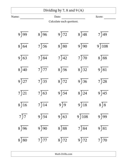 The Division Facts by a Fixed Divisor (7, 8 and 9) and Quotients from 1 to 12 with Long Division Symbol/Bracket (50 questions) (A) Math Worksheet