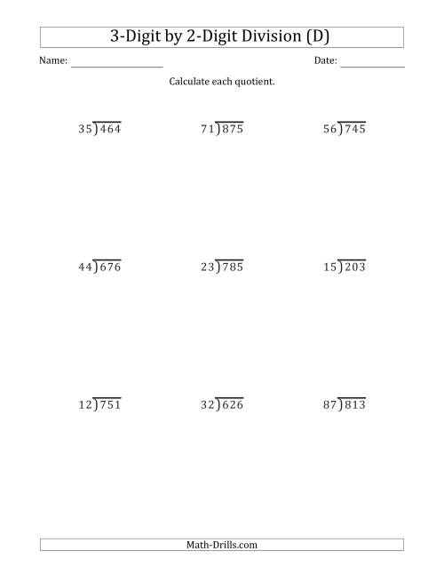 The 3-Digit by 2-Digit Long Division with Remainders and Steps Shown on Answer Key (D) Math Worksheet