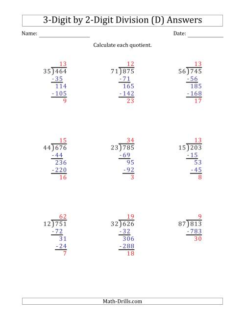 The 3-Digit by 2-Digit Long Division with Remainders and Steps Shown on Answer Key (D) Math Worksheet Page 2