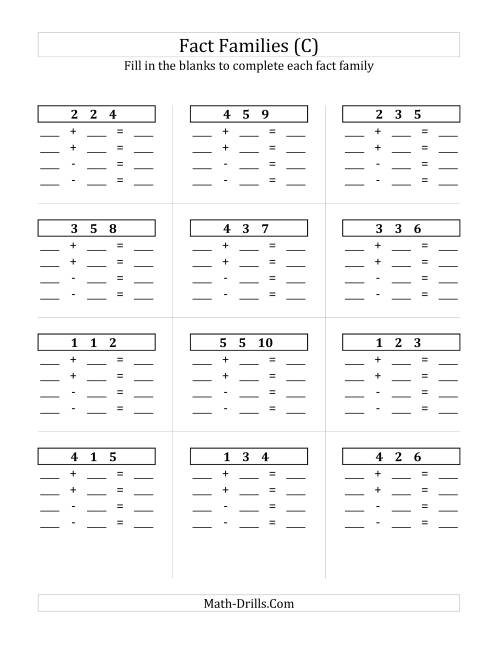 The Addition and Subtraction Relationships with Sums to 10 and All Blank (C) Math Worksheet