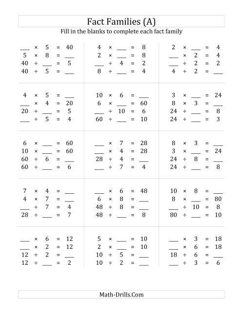The Multiplication and Division Relationships with Products to 100 (All) Math Worksheet