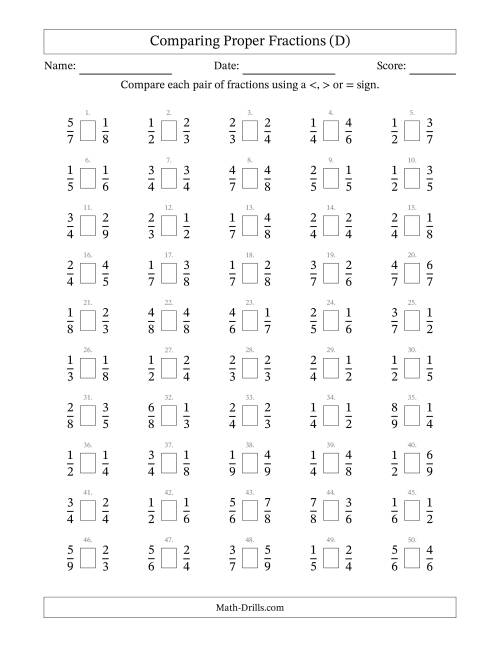The Comparing Proper Fractions to Ninths (D) Math Worksheet