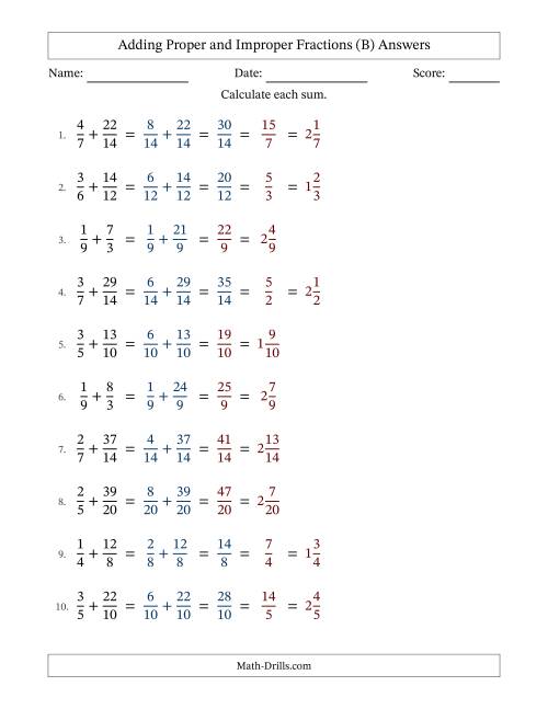 Adding Improper Fractions with Easy-to-Find Common Denominators (B)