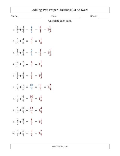 The Adding Two Proper Fractions with Equal Denominators, Mixed Fractions Results and Some Simplifying (Fillable) (C) Math Worksheet Page 2