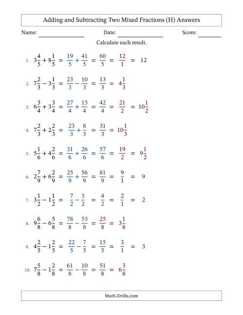 The Adding and Subtracting Two Mixed Fractions with Equal Denominators, Mixed Fractions Results and Some Simplifying (Fillable) (H) Math Worksheet Page 2