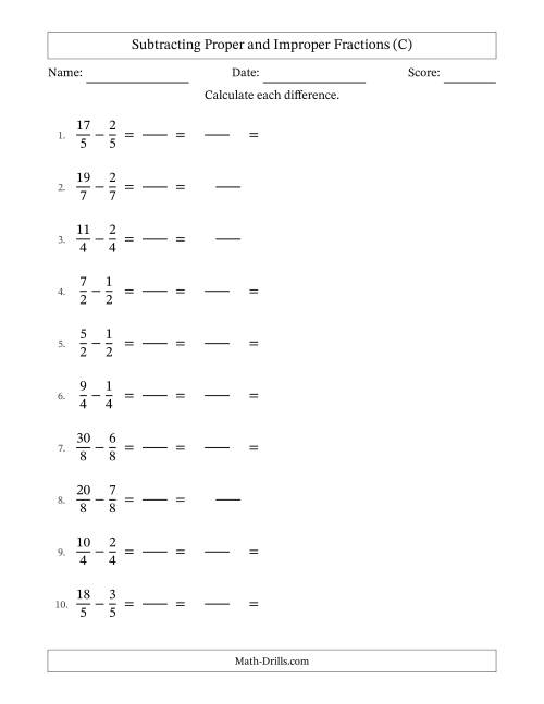 The Subtracting Proper and Improper Fractions with Equal Denominators, Mixed Fractions Results and Some Simplifying (Fillable) (C) Math Worksheet