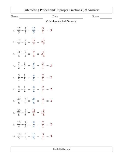 The Subtracting Proper and Improper Fractions with Equal Denominators, Mixed Fractions Results and Some Simplifying (Fillable) (C) Math Worksheet Page 2