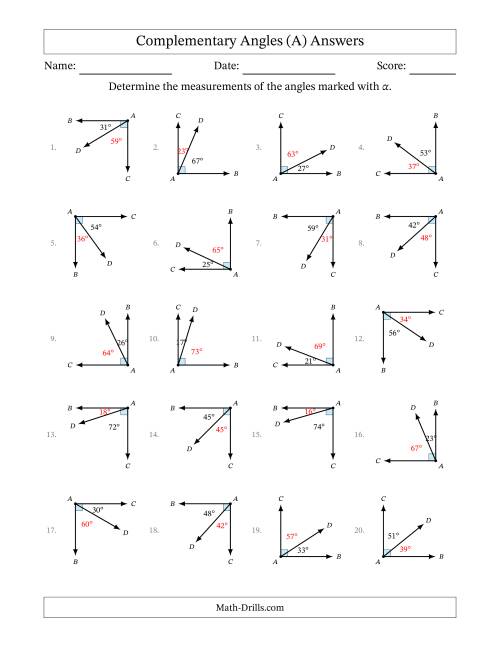 The Complementary Angle Relationships with Rotated Diagrams (A) Math Worksheet Page 2