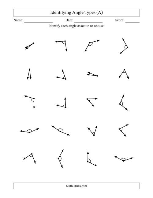 The Identifying Acute And Obtuse Angles With Angle Marks (A) Math Worksheet