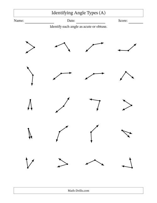 The Identifying Acute And Obtuse Angles Without Angle Marks (A) Math Worksheet