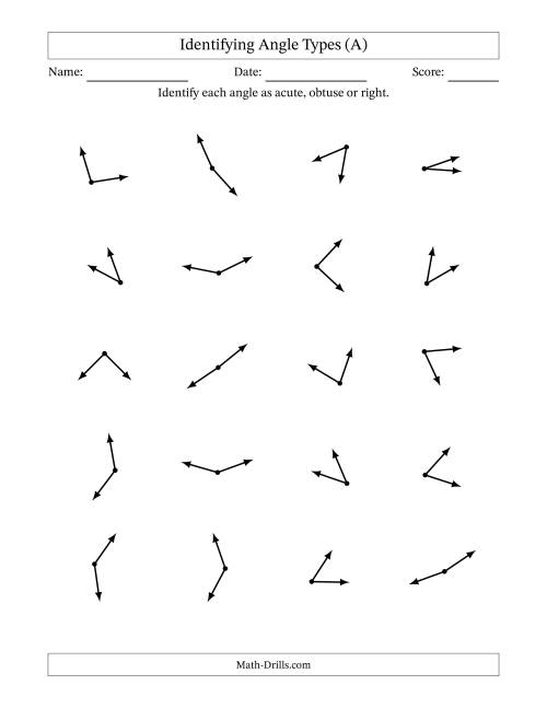 The Identifying Acute, Obtuse And Right Angles Without Angle Marks (A) Math Worksheet