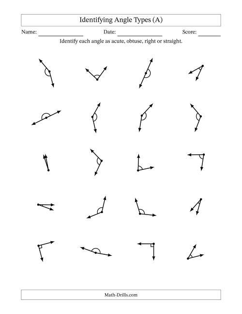 The Identifying Acute, Obtuse, Right And Straight Angles With Angle Marks (A) Math Worksheet