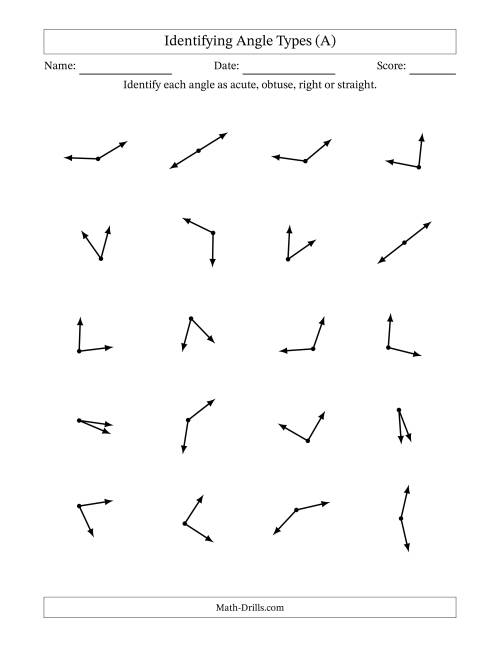The Identifying Acute, Obtuse, Right And Straight Angles Without Angle Marks (A) Math Worksheet
