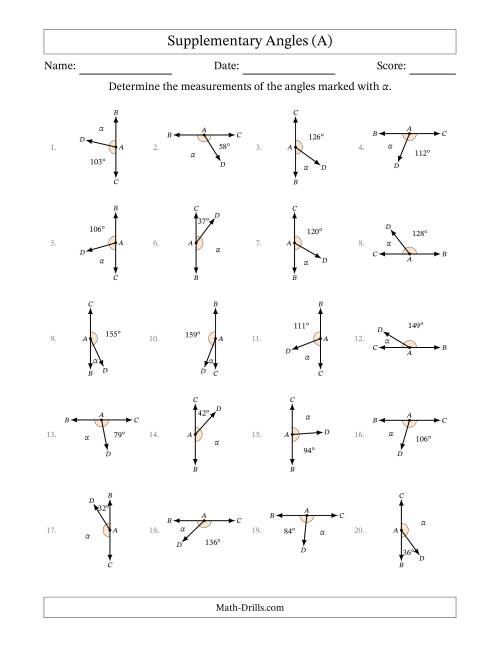 The Supplementary Angle Relationships with Rotated Diagrams (A) Math Worksheet