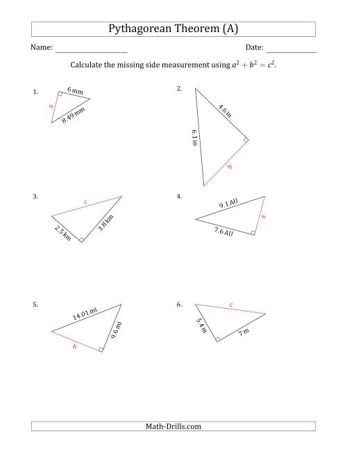 The Calculate a Side Measurement Using Pythagorean Theorem (A) Math Worksheet